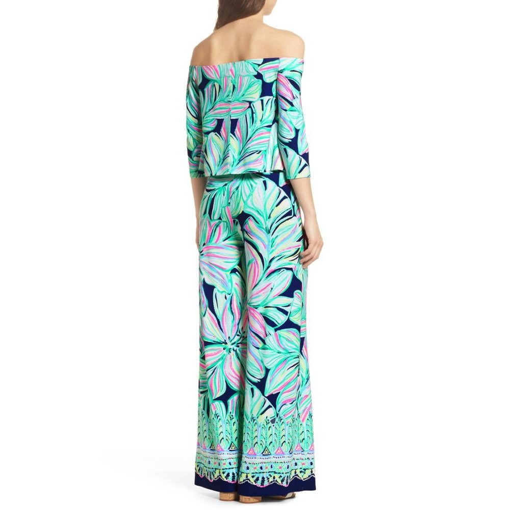 Lilly Pulitzer Weslee Floral Crop Top and Palazzo Pant Set High Tide Navy Small - Picture 2 of 14